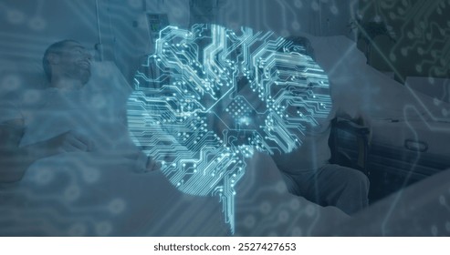 Image of computer circuit board brain and connections over caucasian male patients. global medicine, healthcare services, connections and data processing concept digitally generated image.