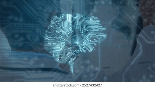 Image of computer circuit board brain and connections over caucasian male doctor. global medicine, healthcare services, connections and data processing concept digitally generated image.