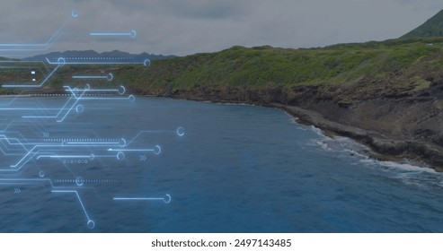 Image of computer circuit board and data processing over seascape. Global connections, computing and data processing concept digitally generated image.