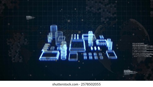 Image of computer circuit board and data processing over globe on black background. Global science, computing and digital interface concept digitally generated image.