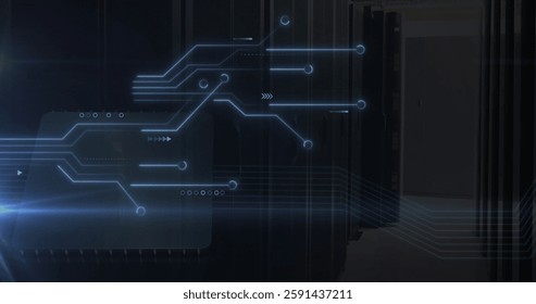 Image of computer circuit board data processing over computer servers. Global finance, business, connections, computing and data processing concept digitally generated image.