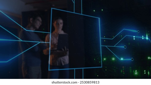 Image of computer circuit board and digital brain over diverse workers in server room. Global technology, online security and digital interface concept digitally generated image.