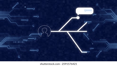 Image of computer circuit board with icons on blue background. Global technology, computing and digital interface concept digitally generated image.