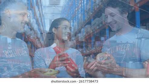 Image of computer circuit board and network of connections over diverse people in warehouse e. global shipping, finances and digital interface concept digitally generated image.