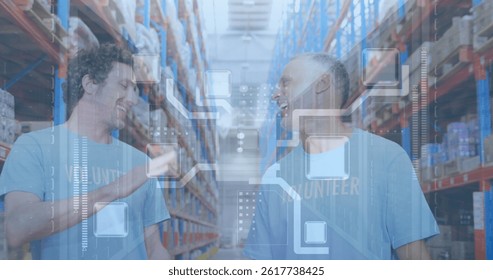 Image of computer circuit board over diverse people in warehouse. global shipping, finances and digital interface concept digitally generated image.