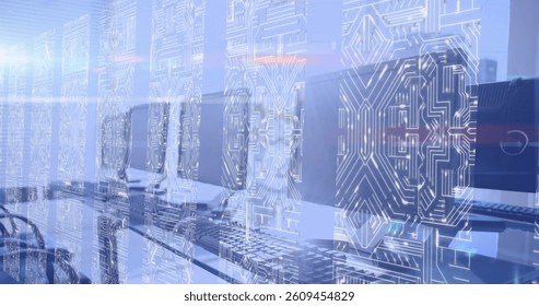Image of computer circuit boards over computers in empty office on blue background. global technology, networking and digital interface concept digitally generated image.