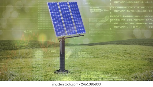 Image of computer data and graph over solar panel and green landscape. Digital composite, multiple exposure, report, finance, nature, solar energy, electricity, green technology, sustainability. - Powered by Shutterstock