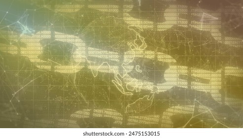Image of computer data processing over globe and chains. Global business, finances, computing and data processing concept digitally generated image.