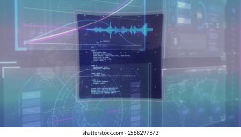 Image of computer data processing over screens. Global finance, business, connections, computing and data processing concept digitally generated image.