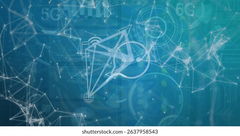 Image of computer icons and dots interconnecting with lines and circles with 5g text. Hologram, digitally generated, telecommunications, internet, futuristic and technology concept.