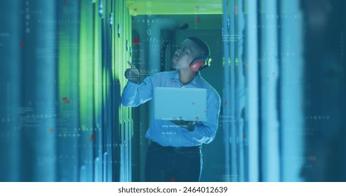 Image of computer language, binary codes, african american male engineer checking server racks. Digital composite, multiple exposure, coding, data center, networking and technology concept.
