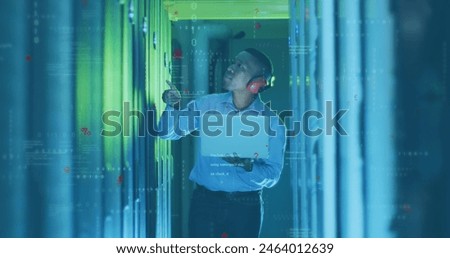 Image of computer language, binary codes, african american male engineer checking server racks. Digital composite, multiple exposure, coding, data center, networking and technology concept.