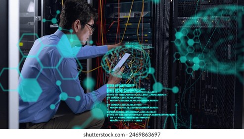 Image of computer language, brains over asian man checking data server using technology. Digital composite, multiple exposure, artificial intelligence, coding, data server concept.