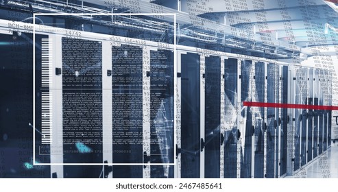 Image of computer language, connected dots, red lines moving over data server racks. Digital composite, networking, data center, security, technology, network server, coding, data processing.