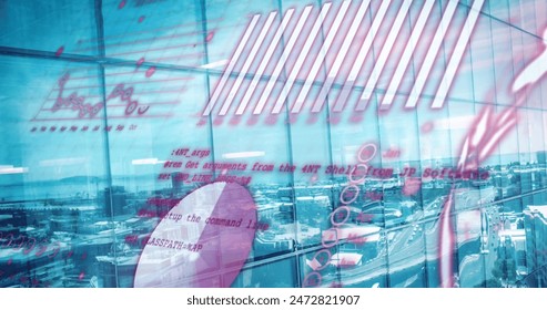 Image of computer language, globe, graphs over aerial view of cityscape against cloudy sky. Digital composite, multiple exposure, globalization, report, business, coding and technology concept.