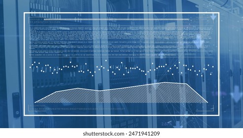 Image of computer language and graph over data server racks. Digital composite, multiple exposure, coding, data processing, network security, data center, networking, technology, network server.