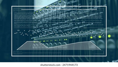 Image of computer language and graph over data server systems. Digital composite, multiple exposure, coding, data processing, network security, data center, networking, technology, network server.