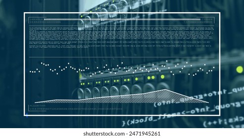 Image of computer language and graph over data server systems. Digital composite, multiple exposure, coding, data processing, network security, data center, networking, technology, network server.