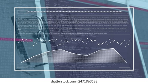 Image of computer language and graph over computers. Digital composite, multiple exposure, coding, data processing, networking, technology, keyboard, monitor, desktop computer.