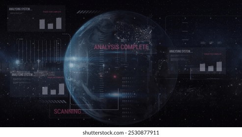 Image of computer language, graphs, texts and lens flare against rotating globe. Digitally generated, hologram, globalization, report, finance, illuminated, coding, machine learning, technology. - Powered by Shutterstock - Get 15% off with code: PIKWIZARD15