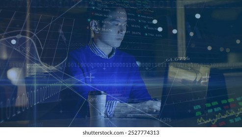 Image of computer language , graphs, trading board, asian man working on laptop. Digital composite, multiple exposure, report, business, stock market, coding, programming language, technology. - Powered by Shutterstock - Get 15% off with code: PIKWIZARD15