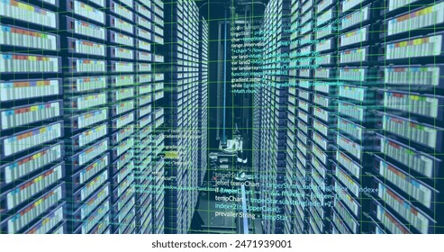 Image of computer language and grid over data server racks. Digital composite, multiple exposure, coding, data processing, network security, data center, networking, technology, network server.