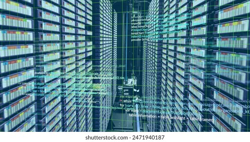 Image of computer language and grid over data server racks. Digital composite, multiple exposure, coding, data processing, network security, data center, networking, technology, network server.