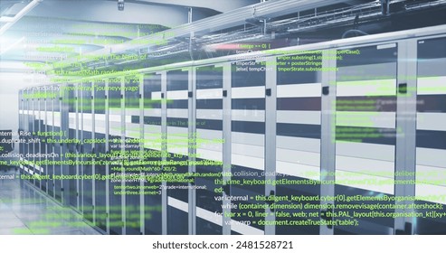 Image of computer language and illuminated light moving on data server systems. Composite, data processing, coding, networking, futuristic, security, data center, network server, technology.