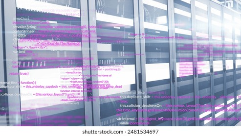 Image of computer language and illuminated light moving on data server racks. Composite, data processing, coding, networking, futuristic, security, data center, network server, technology.