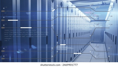 Image of computer language and illuminated lines passing over data server racks. Digitally generated, networking, data center, security, technology, business, coding and network server.