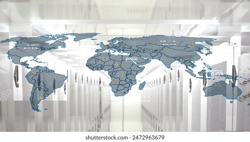 Image of computer language and map over data server room. Digital composite, multiple exposure, global, coding, programming language, data center, networking, technology, network server concept. - Powered by Shutterstock - Get 15% off with code: PIKWIZARD15