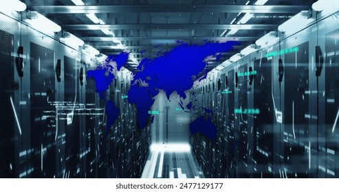 Image of computer language and map over connected dots on data server racks. Digital composite, global, communication, coding, data center, networking, technology and network server concept.