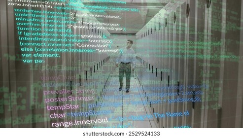 Image of computer language over caucasian male engineer walking in data server room. Digital composite, multiple exposure, coding, programming language, data center, networking and technology.