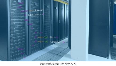 Image of computer language over data server racks. Digital composite, multiple exposure, coding, data processing, network security, data center, networking, technology, network server.