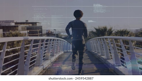 Image of computer language over rear view of african american man running on footbridge in city. Digital composite, programming, coding, athlete, exercise, fitness, business, technology. - Powered by Shutterstock