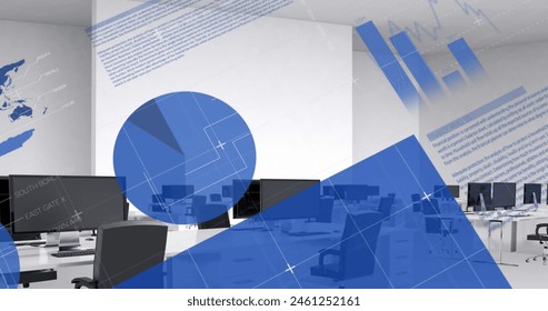 Image of computer language and reports over desktop computers on desks in office. Digital composite, infographic, technology, data processing, coding, business, report and progress concept. - Powered by Shutterstock - Get 15% off with code: PIKWIZARD15