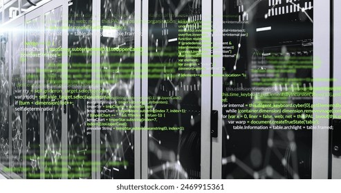 Image of computer languages and illuminated connected dots moving on data server systems. Composite, data center, security, networking, technology, network server, coding, data processing.