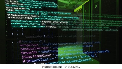 Image of computer languages moving over data server systems. Digital composite, data processing, coding, networking, futuristic, security, data center, network server, technology.