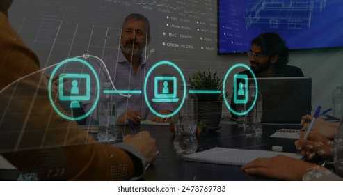 Image of computer, laptop, phone icons forming flow chart over diverse colleagues discussing. Digital composite, infographic, business, investment, meeting, office, teamwork, technology. - Powered by Shutterstock