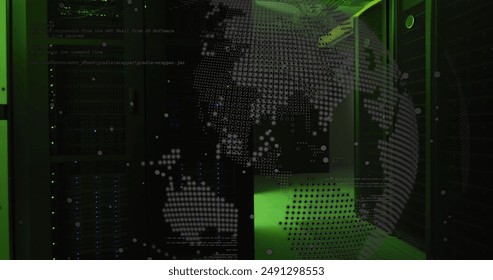 Image of computer programming language and globe over illuminated server room. Digital composite, multiple exposure, globalization, coding, networking, technology and network server concept.
