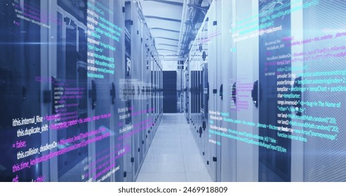 Image of computer programming languages moving over data server systems. Digital composite, data center, security, networking, technology, network server, coding, data processing.