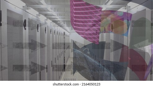 Image of computer servers, arrows and data processing on screens. global connections, data processing and digital interface concept digitally generated image.