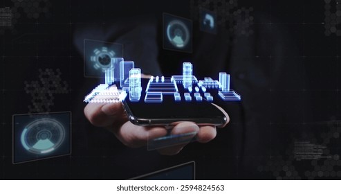Image of computing board and data processing over hand of businessman. Technology and digital interface concept digitally generated image. - Powered by Shutterstock - Get 15% off with code: PIKWIZARD15