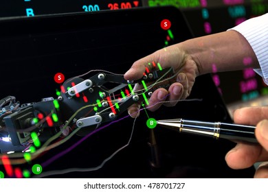 Image concept of software (Robot Trading System) used in the stock market that automatically submits trades to an exchange stock market exchange trading by human intervention.