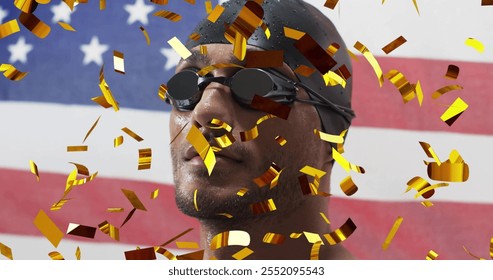 Image of confetti falling over biracial male swimmer and flag of usa. Sports, winning and celebration concept digitally generated image. - Powered by Shutterstock