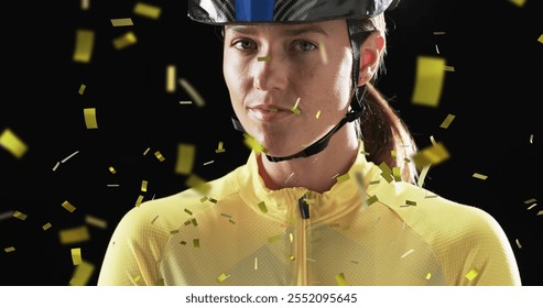 Image of confetti falling over caucasian female cyclist on black background. Sports, winning and celebration concept digitally generated image. - Powered by Shutterstock