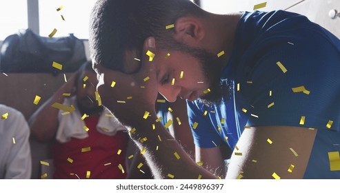 Image of confetti falling over tired football player in changing rooms. sports, celebration and competition concept digitally generated image. - Powered by Shutterstock