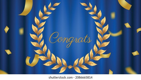 Image Of Congrats Text With Leaf Frame Against Blue Curtain With Confetti, Copy Space. And Success Concept.