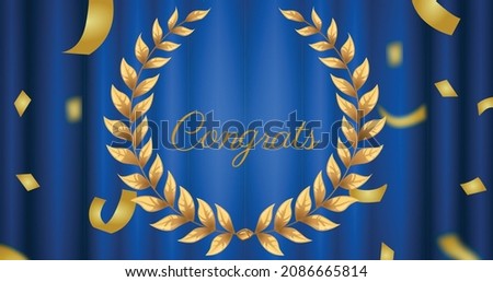 image of congrats text with leaf frame against blue curtain with confetti, copy space. and success concept.
