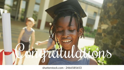 Image of congratulations text over happy african american schoolboy in mortar board with diploma. Achievement, graduation, school, childhood, education and learning, digitally generated image. - Powered by Shutterstock